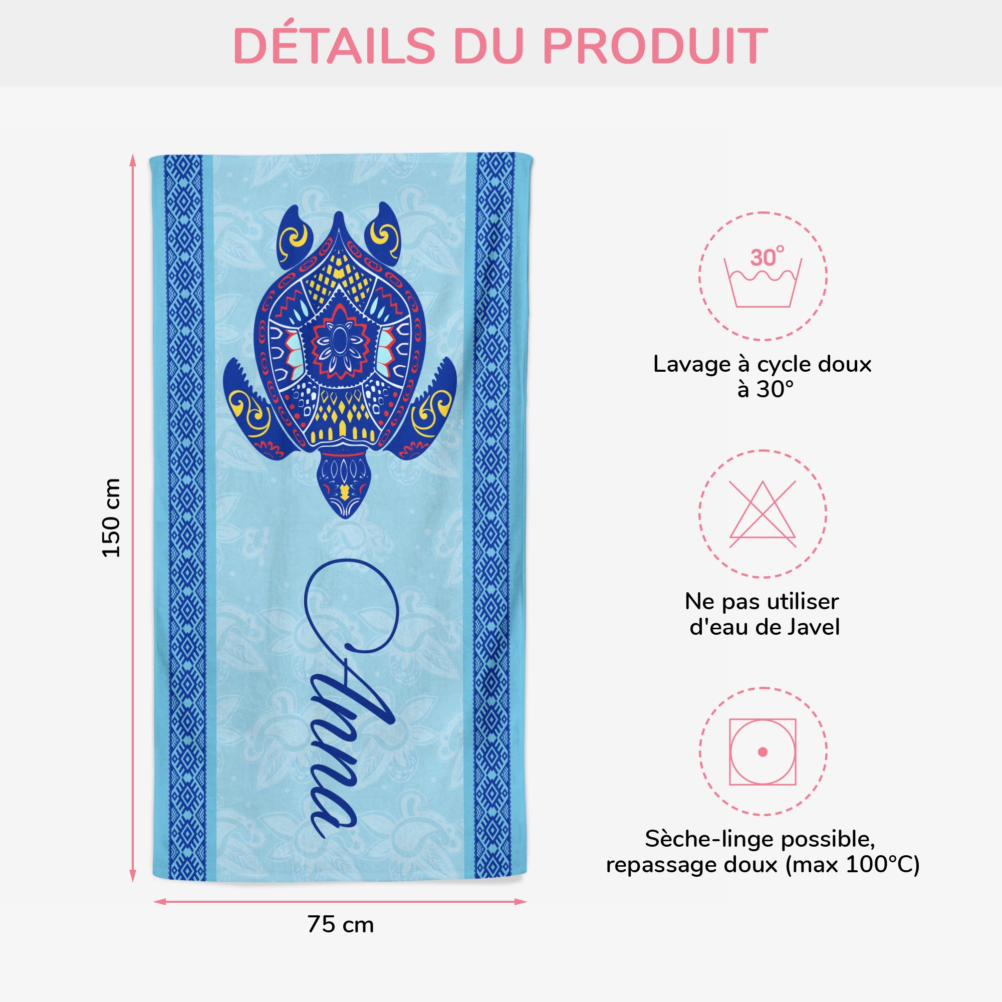 9276BFR3 serviette de plage personnalise_ homme femme dessin tortue avec prenom 9276b8esb