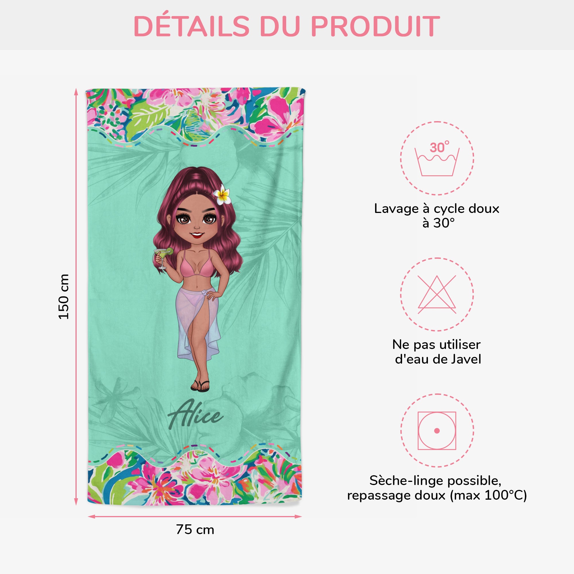 9280BFR3 serviette de plage imprime personnalise_ cadeau ete pour femme 9280bndna