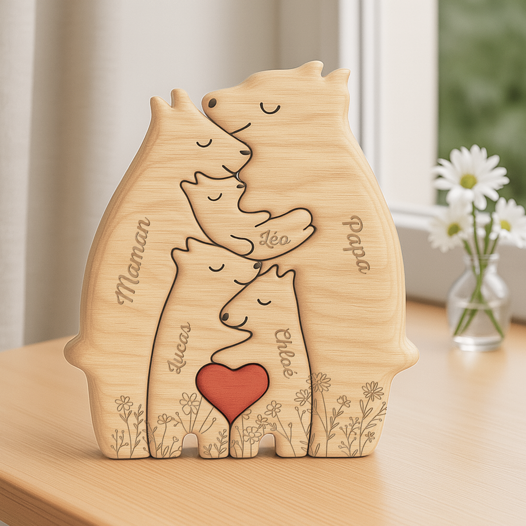 Puzzle En Bois Personnalisé - Famille Ours Avec Prénoms - Cadeau Plus